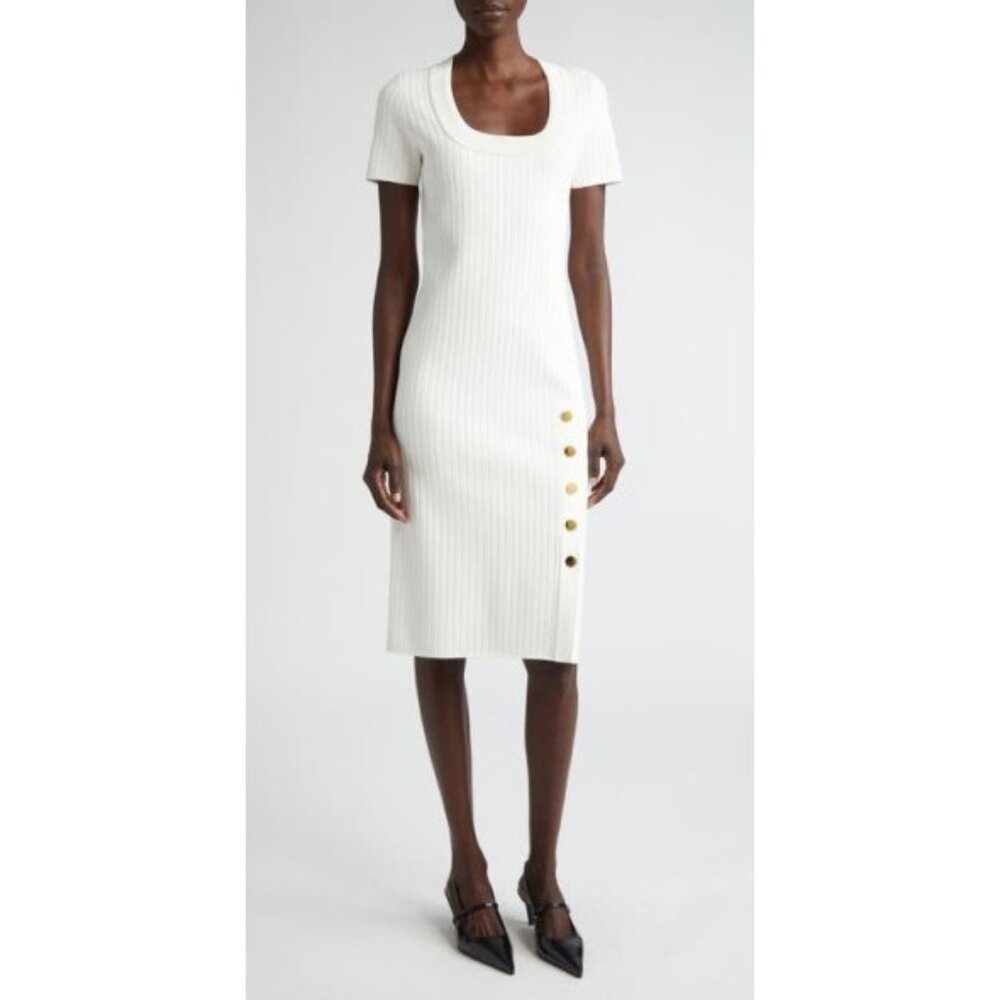 NEW St. John Collection Rib Short Sleeve WHITE Sweater Dress SIZE L